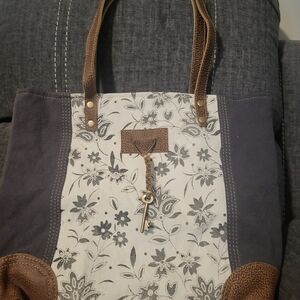 Myra Bag Abstract Key Tote Bag Floral Canvas Tote Bag with Brown Accents